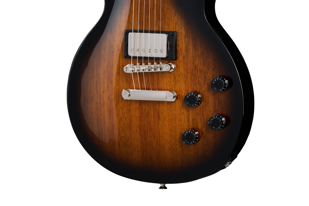 Epiphone Les Paul Tribute electric guitar in vintage sunburst finish with double-cutaway body and humbucker pickups.