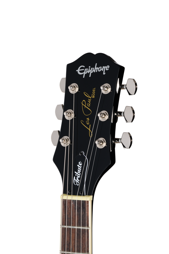 Epiphone Les Paul Tribute electric guitar in vintage sunburst finish, featuring a solid body and dual humbucking pickups.