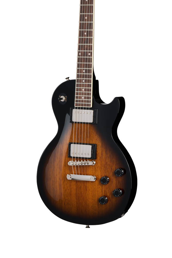 Epiphone Les Paul Tribute electric guitar in vintage sunburst finish, showcasing its classic design and dual humbucker pickups.