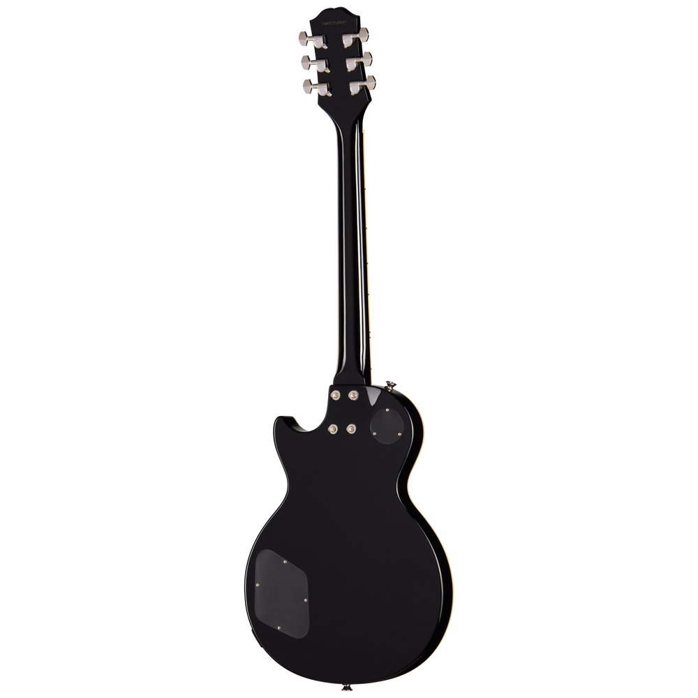 Epiphone Les Paul Tribute Plus electric guitar in ebony burst finish, showcasing its solid body and dual humbucker pickups.