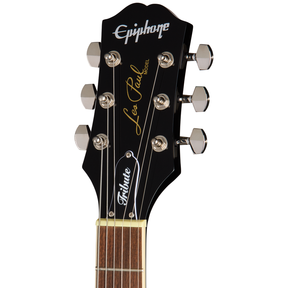 Electric guitar by Epiphone, Les Paul Tribute Plus in ebony burst finish with chrome hardware and dual humbucking pickups.