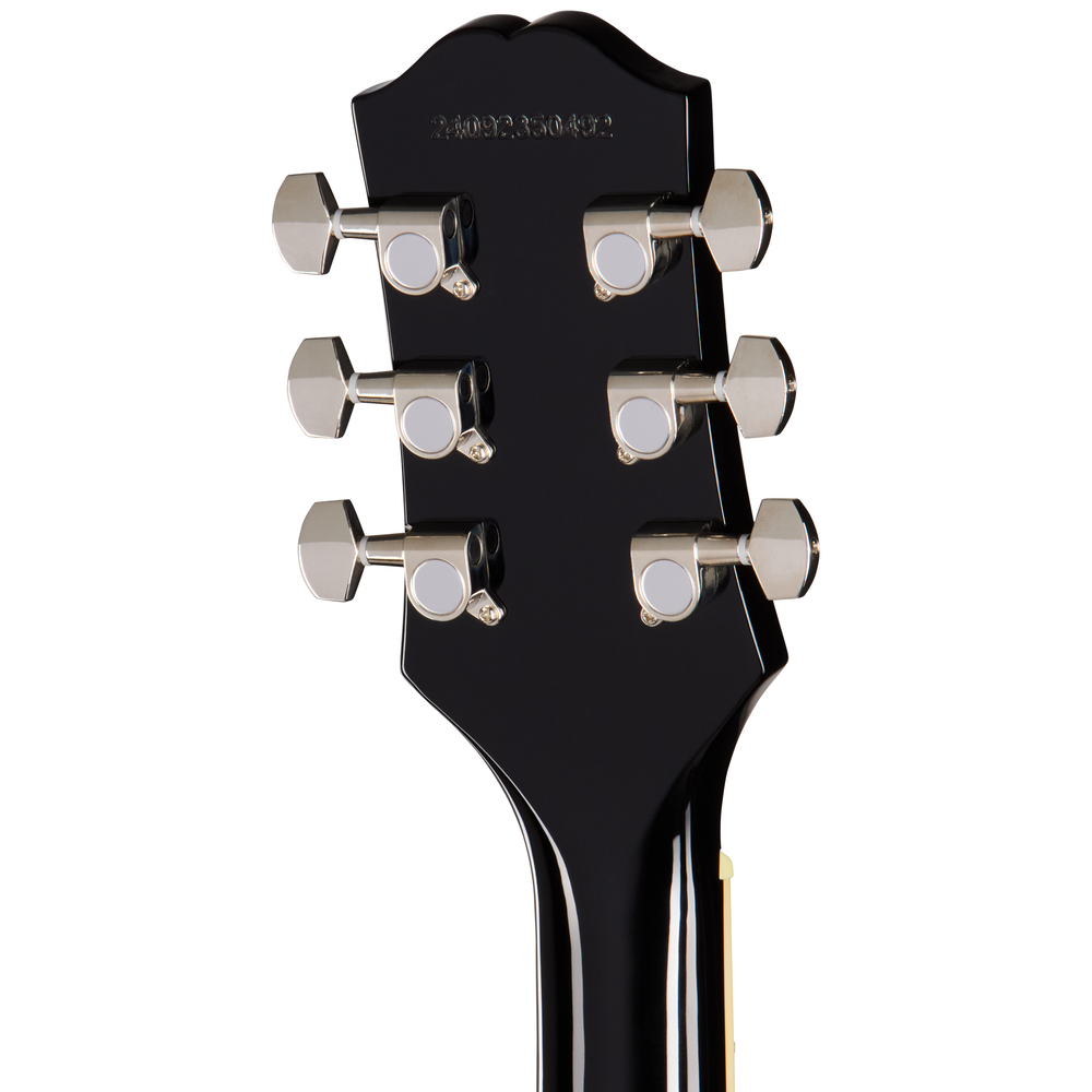 Electric guitar by Epiphone, Les Paul Tribute Plus in Ebony Burst, showcasing a sleek black finish and classic guitar design.