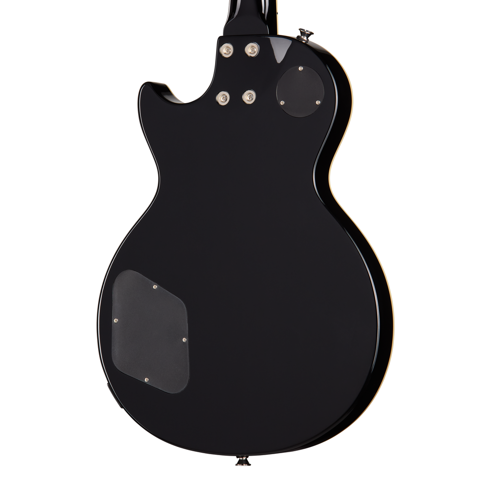 Epiphone Les Paul Tribute Plus electric guitar in ebony burst finish with chrome hardware and dual humbucker pickups.