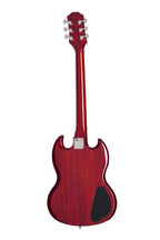 Left-handed Epiphone SG Tribute electric guitar in cherry finish with double-cutaway body and humbucking pickups.