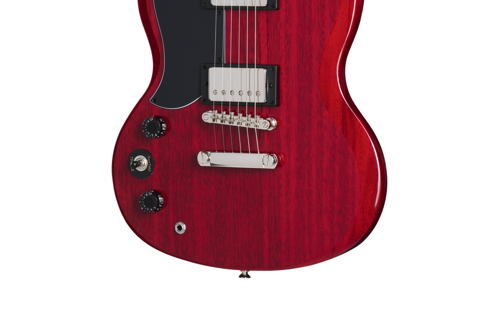 Left-handed Epiphone SG Tribute electric guitar in cherry finish, showcasing its sleek body and dual humbucker pickups.