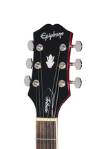 Left-handed Epiphone SG Tribute electric guitar in cherry finish with dual humbucker pickups and classic SG body shape.