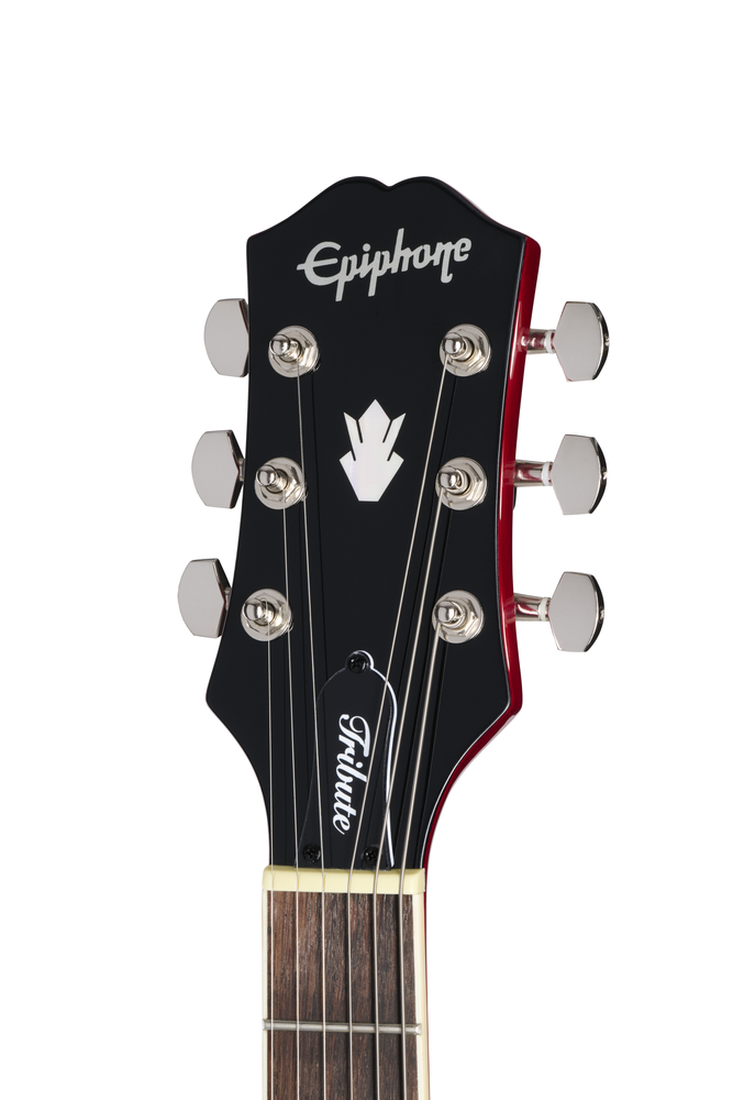 Left-handed Epiphone SG Tribute electric guitar in cherry finish with dual humbucker pickups and classic SG body shape.