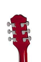 Left-handed Epiphone SG Tribute electric guitar in cherry finish with double-cutaway body and chrome hardware.