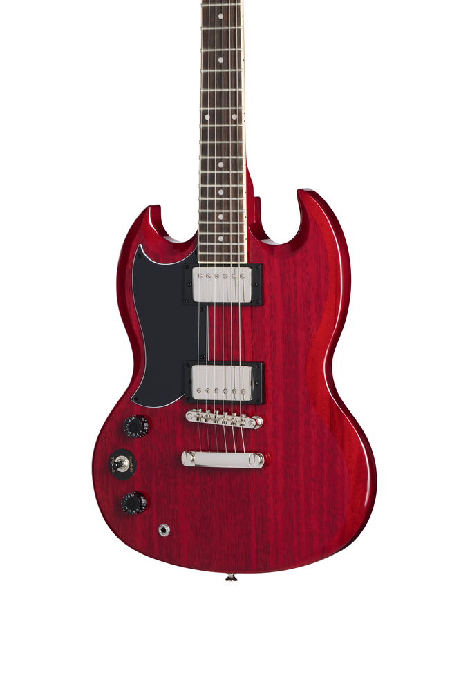 Left-handed Epiphone SG Tribute electric guitar in cherry finish with double-cutaway body and chrome hardware.