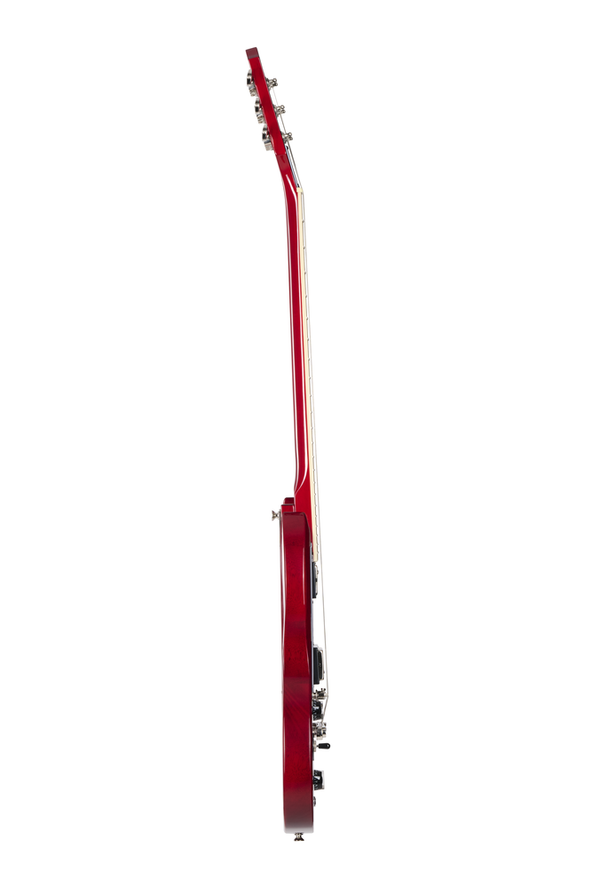 Left-handed Epiphone SG Tribute electric guitar in cherry finish with dual humbucker pickups and a sleek, classic design.