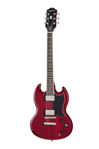 Epiphone SG Tribute electric guitar in cherry finish with double-cutaway body and chrome hardware, showcasing its iconic design.