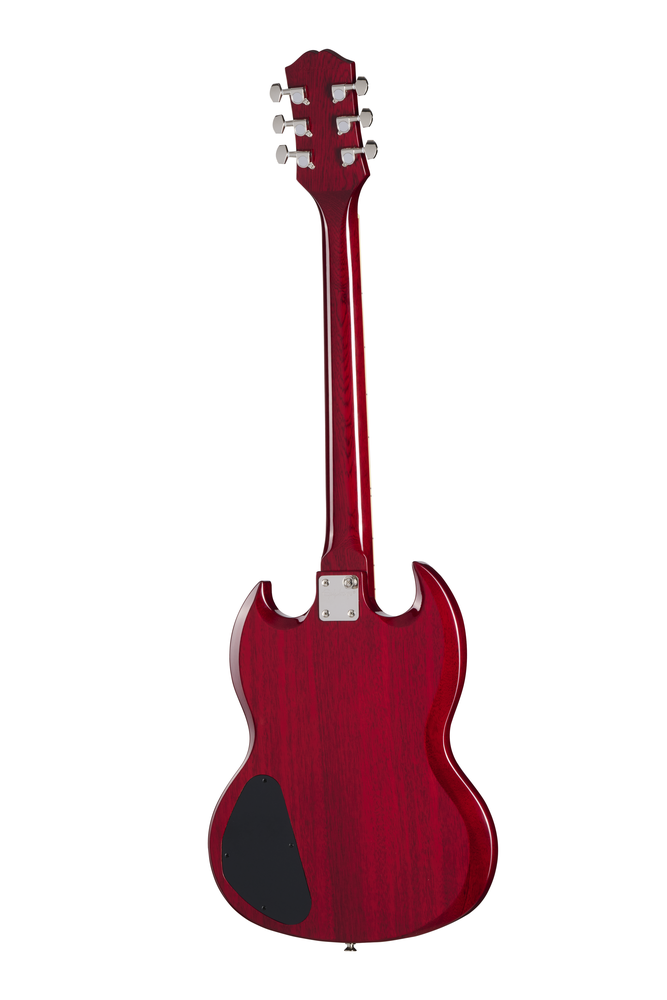 Epiphone SG Tribute electric guitar in cherry finish, showcasing its sleek body, dual humbucker pickups, and classic design.