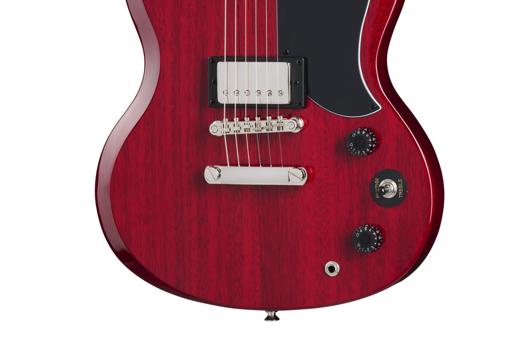 Epiphone SG Tribute electric guitar in cherry finish with double-cutaway body and chrome hardware.
