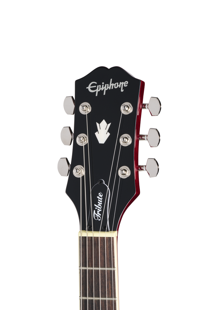 Epiphone SG Tribute electric guitar in cherry finish with double-cutaway body and chrome hardware.