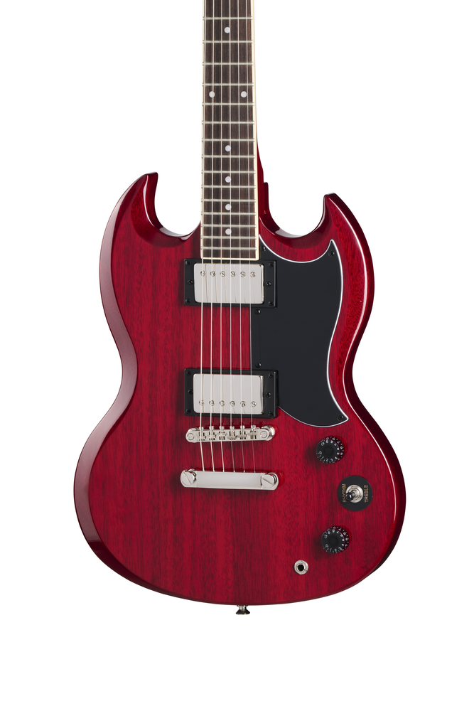 Epiphone SG Tribute electric guitar in cherry finish, featuring double-cutaway body and chrome hardware.