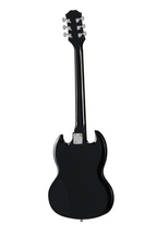 Epiphone SG Tribute electric guitar in ebony with double-cutaway body, chrome hardware, and humbucker pickups.
