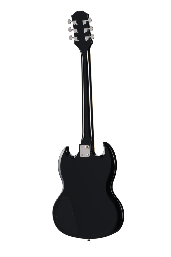 Epiphone SG Tribute electric guitar in ebony with double-cutaway body, chrome hardware, and humbucker pickups.