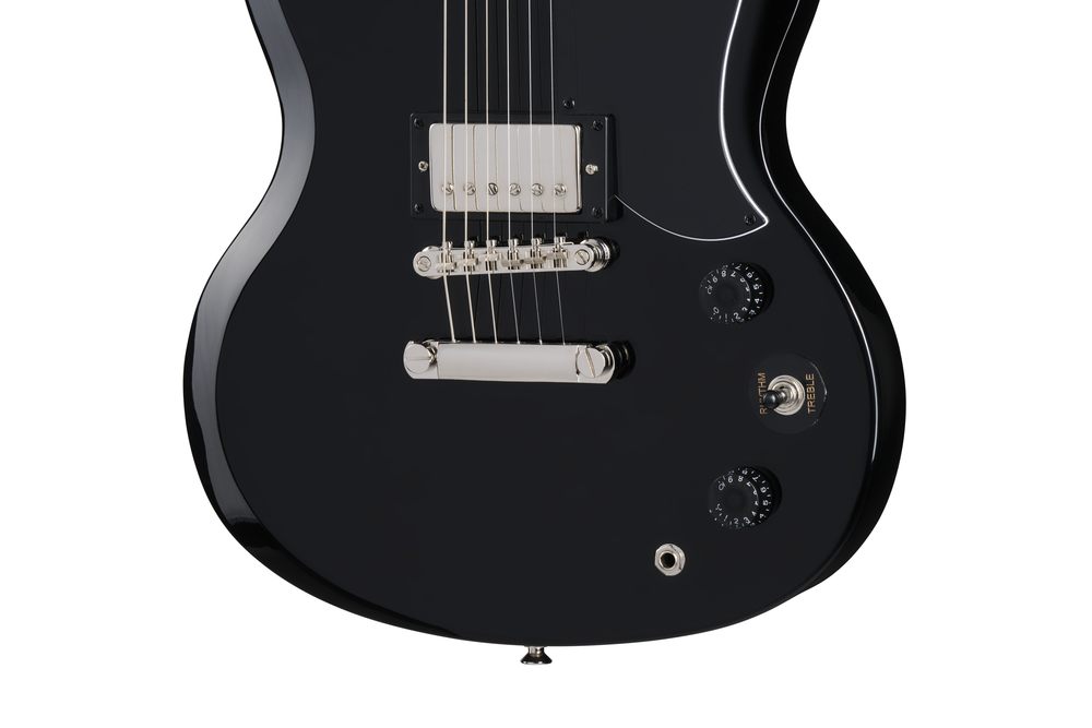 Epiphone SG Tribute electric guitar in ebony finish, showcasing its sleek body, dual humbucker pickups, and classic design.