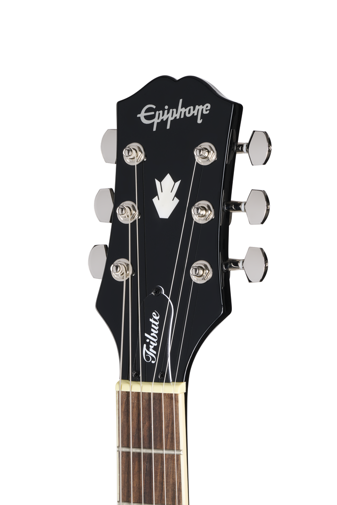 Epiphone SG Tribute electric guitar in ebony with double-cutaway body, chrome hardware, and humbucker pickups.