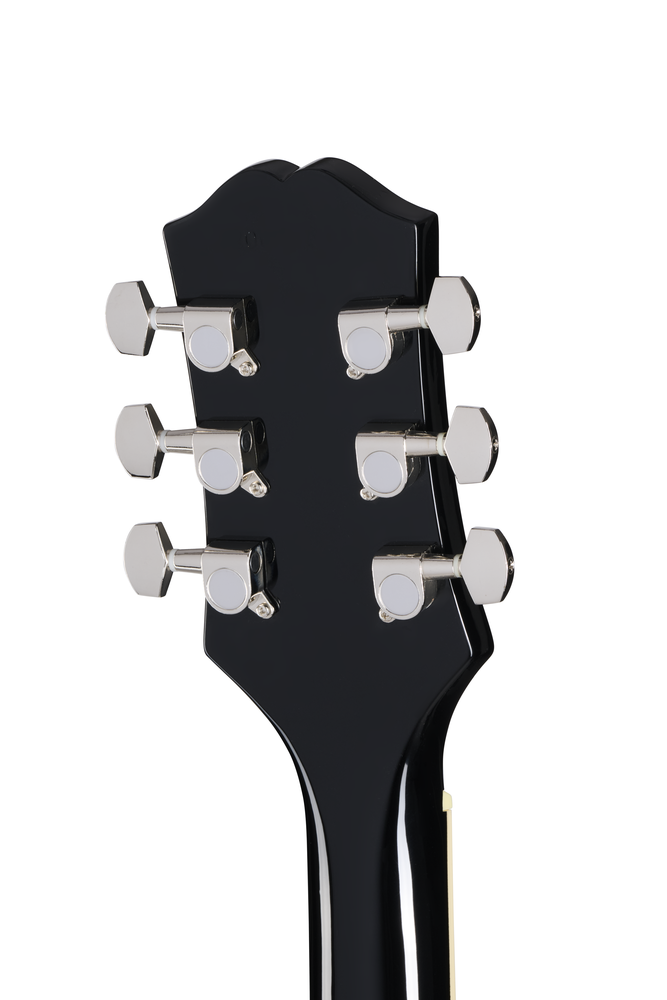 Epiphone SG Tribute electric guitar in ebony finish, showcasing its sleek body, double cutaway design, and chrome hardware.