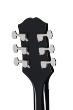 Epiphone SG Tribute electric guitar in ebony finish, showcasing its sleek body, double cutaway design, and chrome hardware.