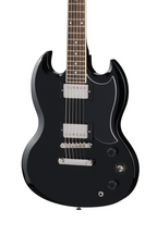Ebony Epiphone SG Tribute electric guitar with double-cutaway body, chrome hardware, and humbucker pickups.