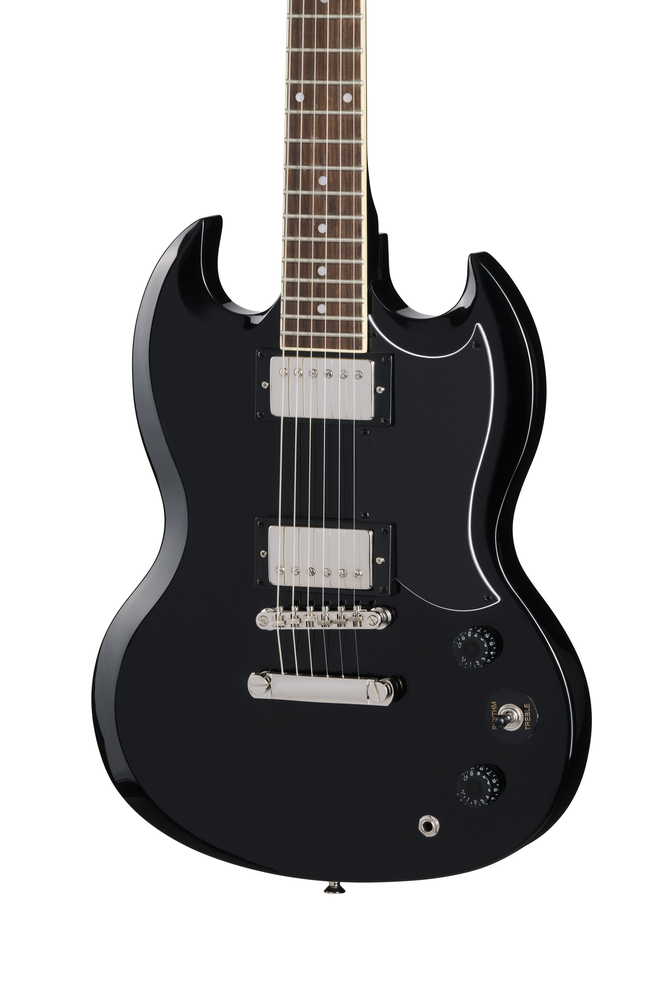 Ebony Epiphone SG Tribute electric guitar with double-cutaway body, chrome hardware, and humbucker pickups.