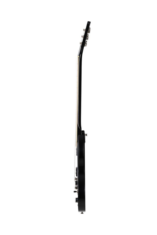 Epiphone SG Tribute electric guitar in ebony finish, featuring a solid body, double-cutaway design, and chrome hardware.