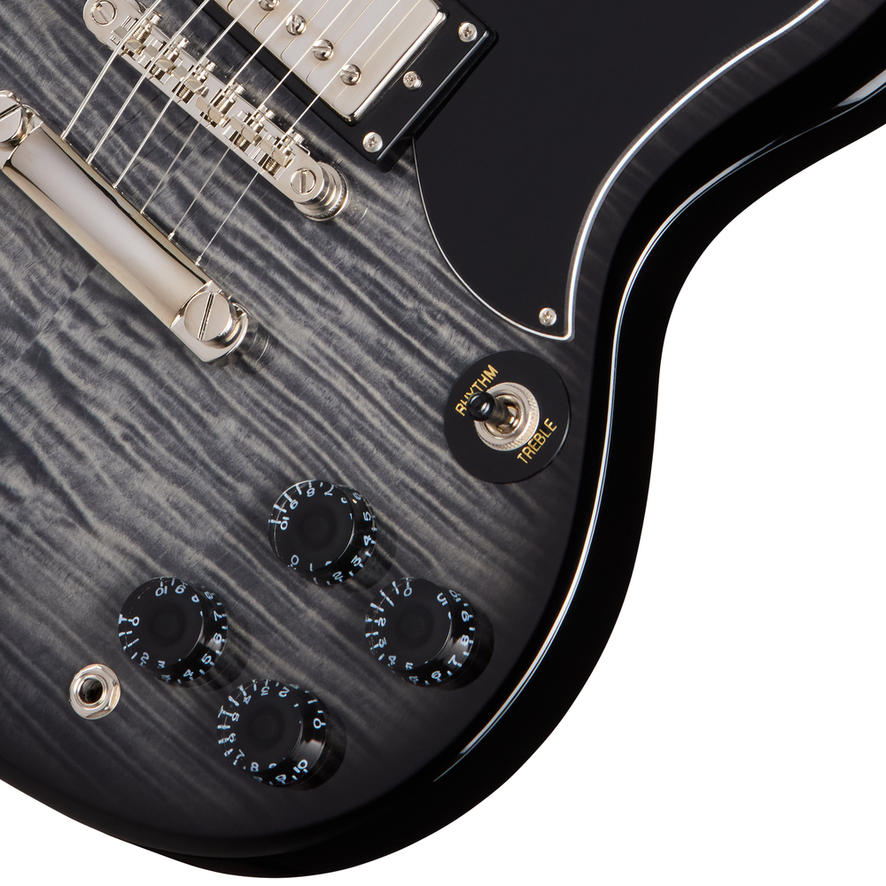 Electric guitar by Epiphone, SG Tribute Plus model in ebony burst finish, featuring dual humbuckers and a sleek solid body design.