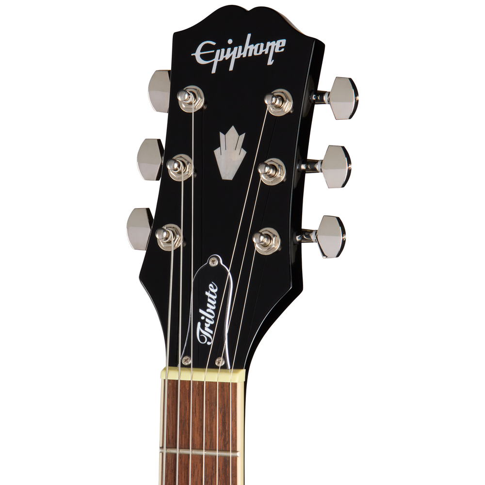 Epiphone SG Tribute Plus electric guitar in ebony burst finish, showcasing its sleek body, dual humbucker pickups, and modern design.