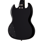Epiphone SG Tribute Plus electric guitar in ebony burst finish showing its solid body and double-cut design.