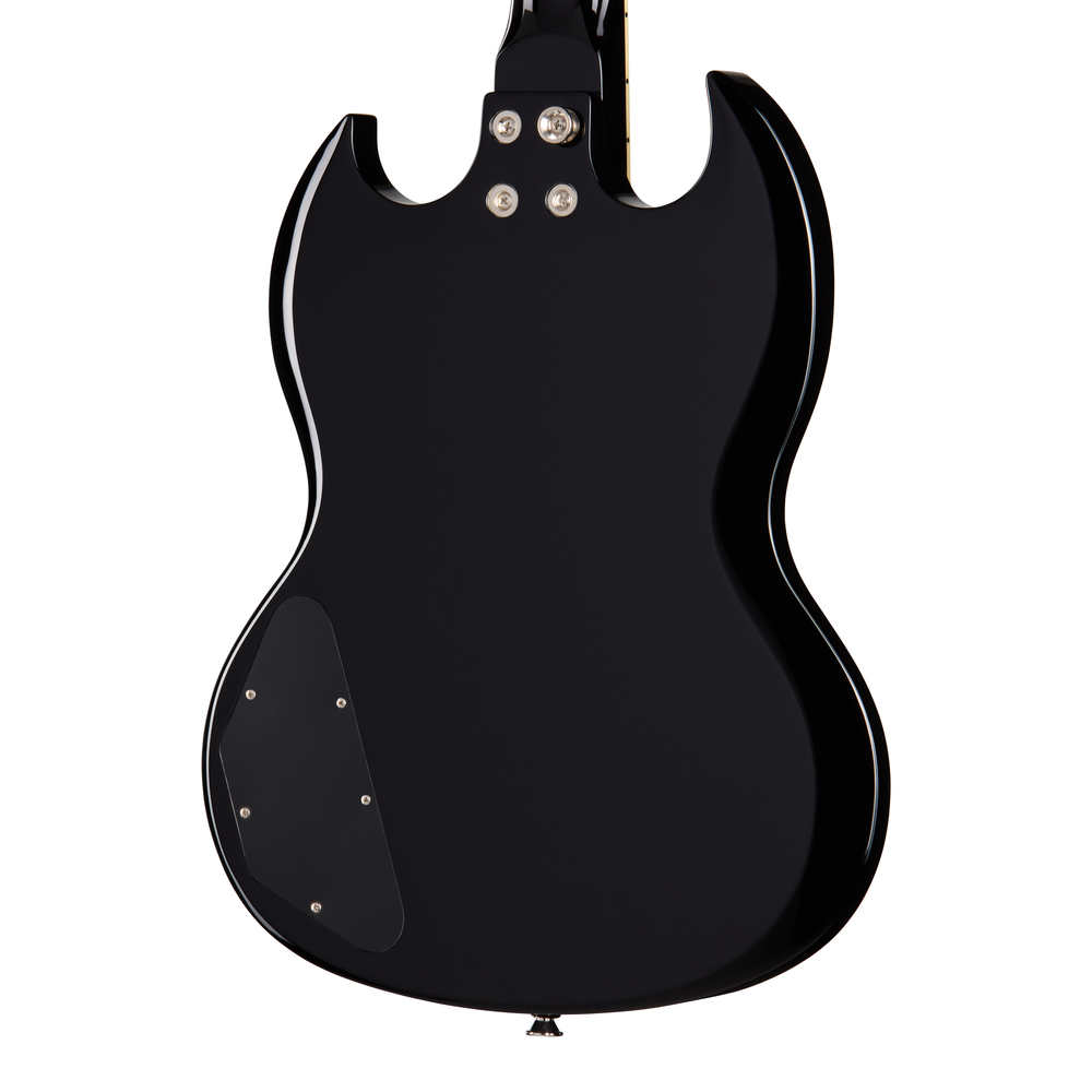 Epiphone SG Tribute Plus electric guitar in ebony burst finish showing its solid body and double-cut design.
