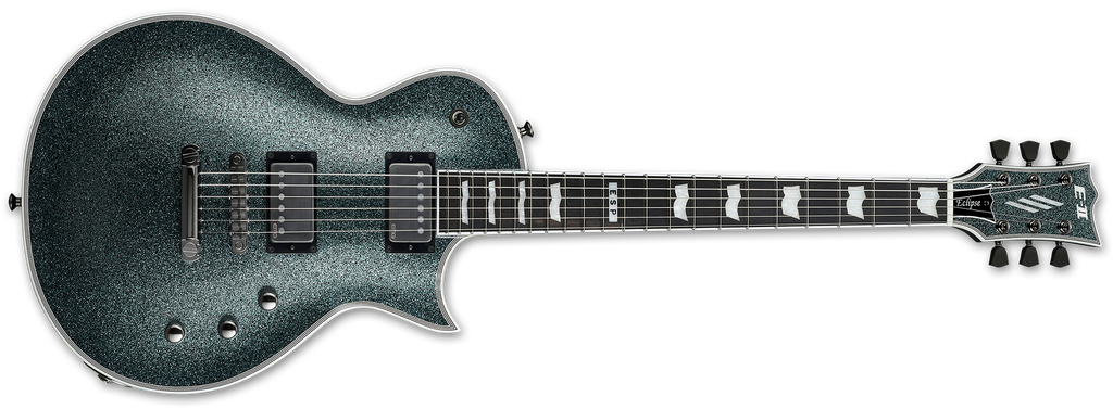 ESP E-II Eclipse electric guitar with granite sparkle finish, featuring a sleek body, dual humbucker pickups, and modern design.