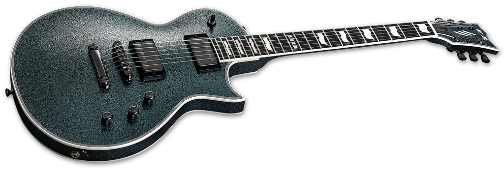 ESP E-II Eclipse electric guitar with granite sparkle finish, showcasing its sleek body and detailed hardware in a close-up shot.