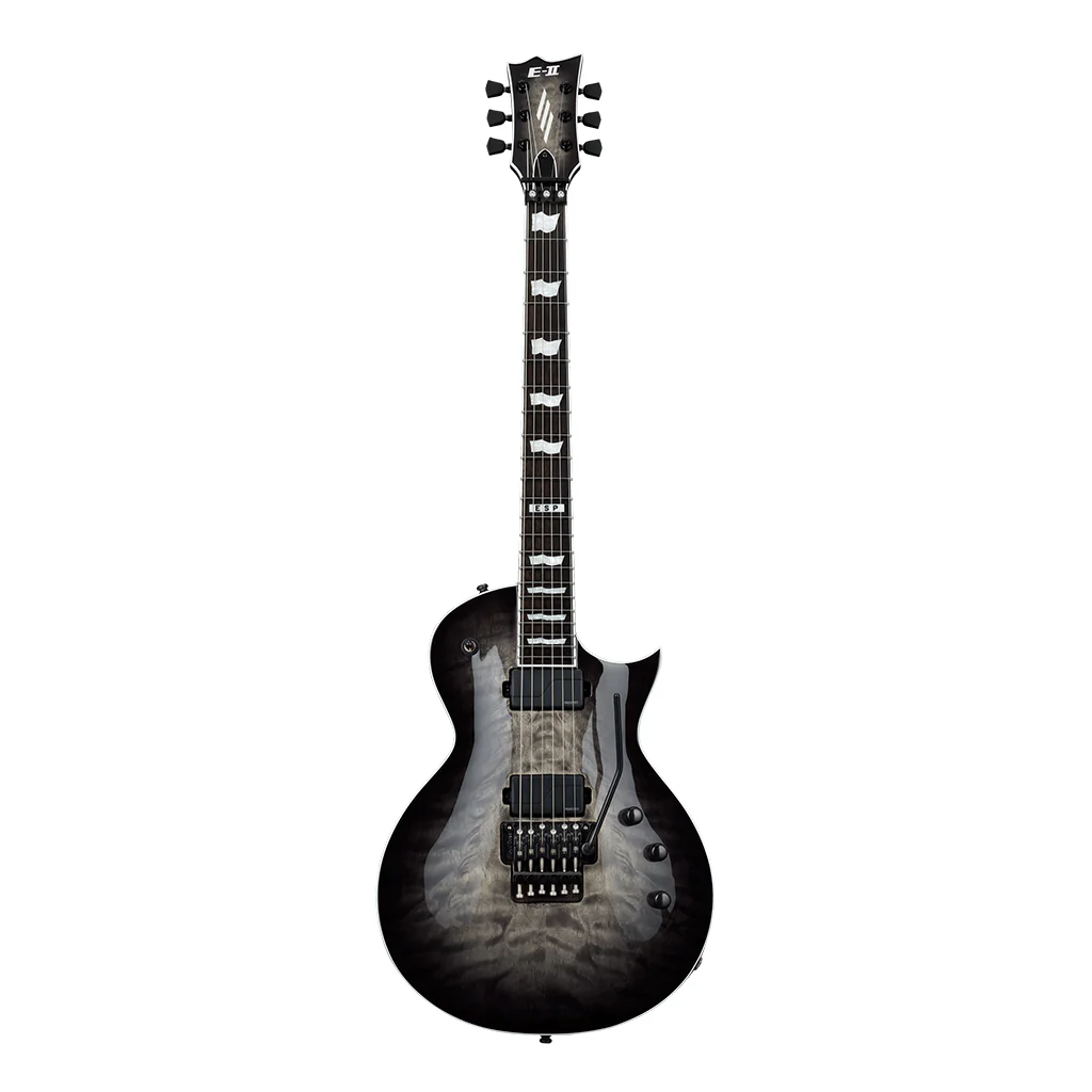 ESP E-II Eclipse Floyd Rose electric guitar with quilted maple top in Charcoal Burst finish, featuring a Floyd Rose tremolo system.