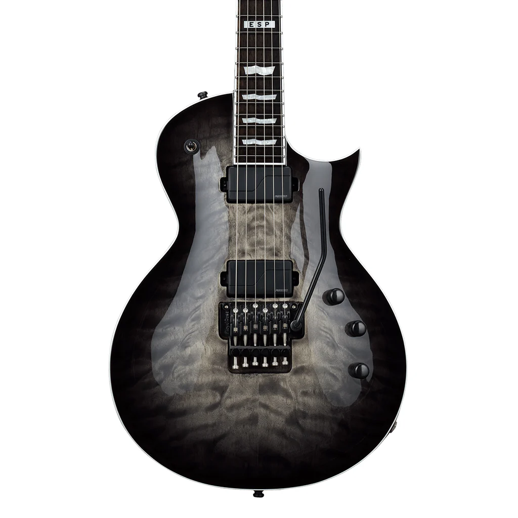ESP E-II Eclipse Floyd Rose electric guitar with quilt maple top in Charcoal Burst finish, featuring a Floyd Rose tremolo system.