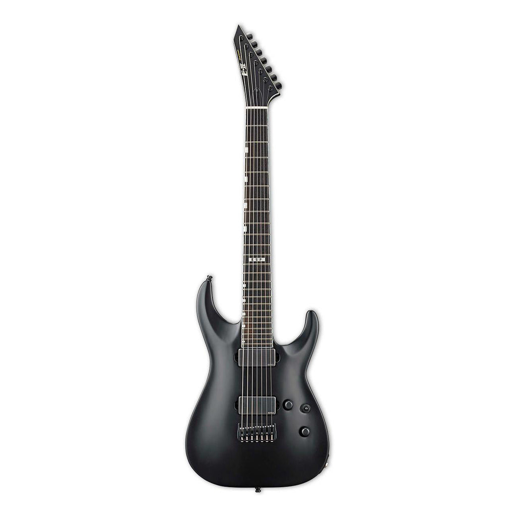 ESP E-II Horizon NT 7-string baritone electric guitar in black satin finish, featuring a sleek design and hipshot hardware.