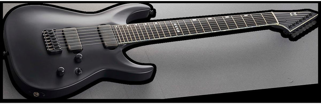 Black ESP E-II Horizon NT 7-string baritone electric guitar with sleek finish and Hipshot hardware, displayed from a side angle.