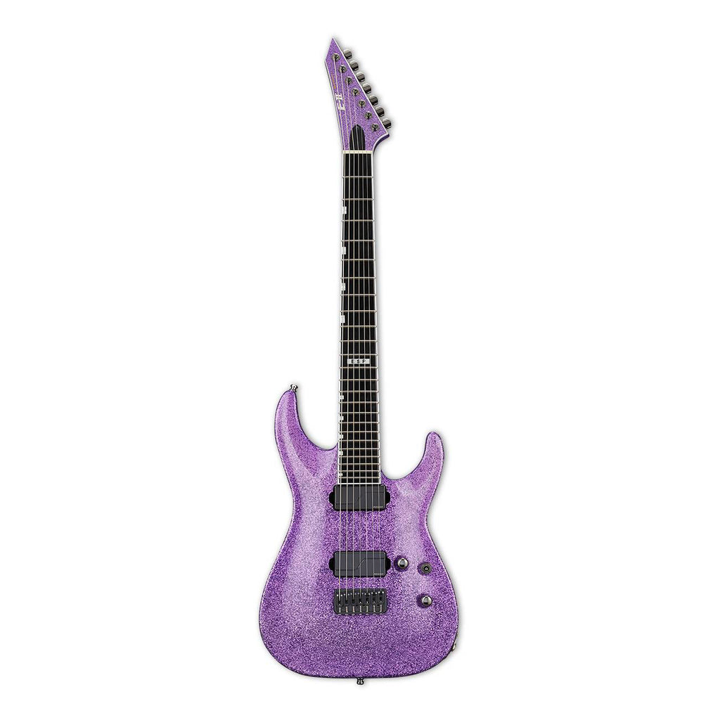 ESP E-II Horizon NT-7B Hipshot electric guitar in purple sparkle finish, showcasing a sleek body and modern hardware.