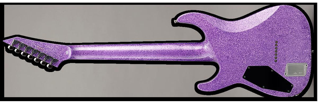 ESP E-II Horizon NT-7B Hipshot electric guitar with purple sparkle finish, featuring sleek body and modern hardware.