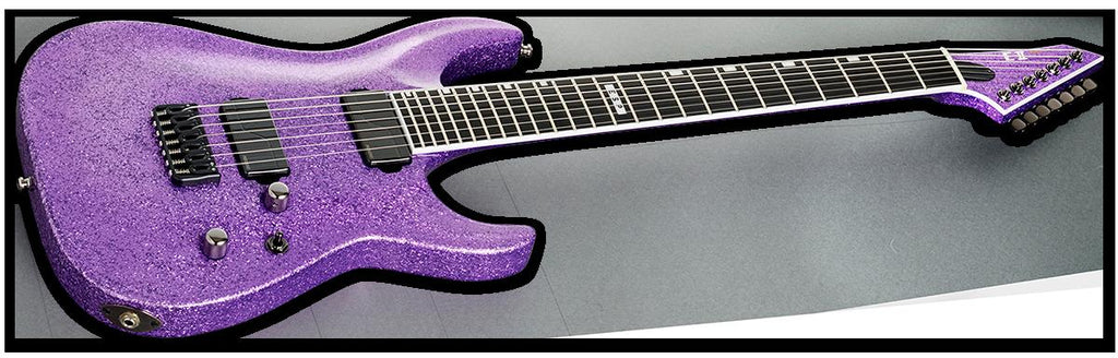 ESP E-II Horizon NT-7B Hipshot electric guitar in purple sparkle with sleek body, six strings, and chrome hardware.
