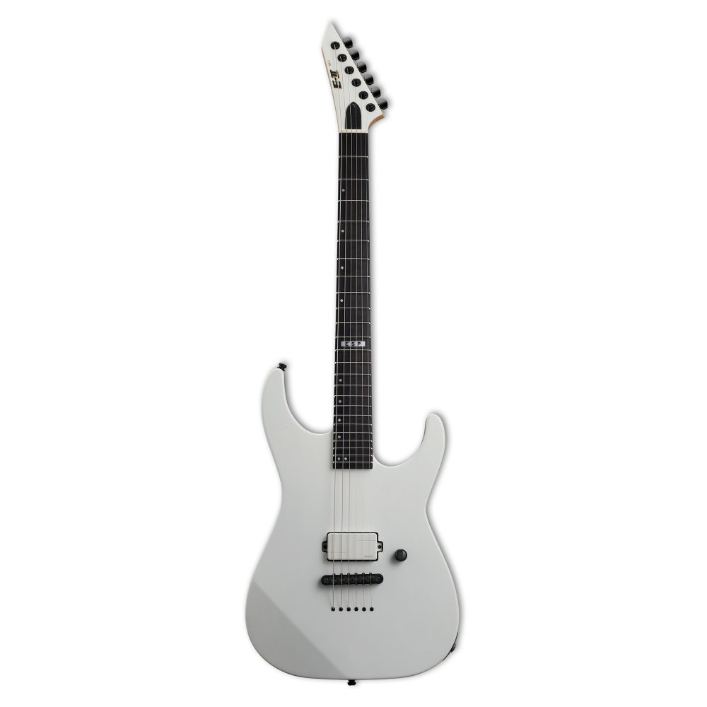 ESP E-II M-I Neck Thru electric guitar with Snow White finish and Fluence pickups, showcasing sleek body and neck design.