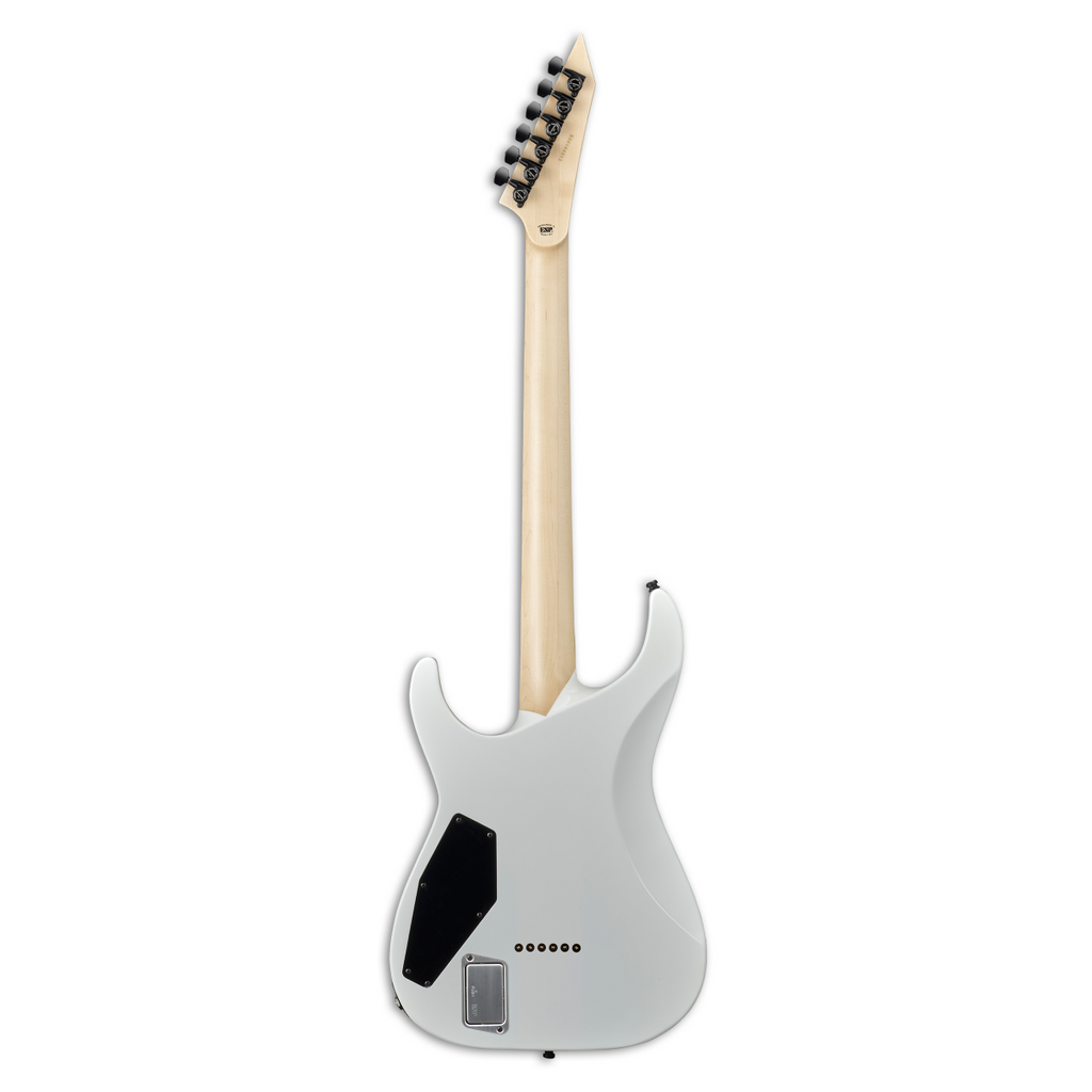 ESP E-II M-I neck-through electric guitar with Snow White finish and Fluence pickups, showcasing the sleek body and hardware details.