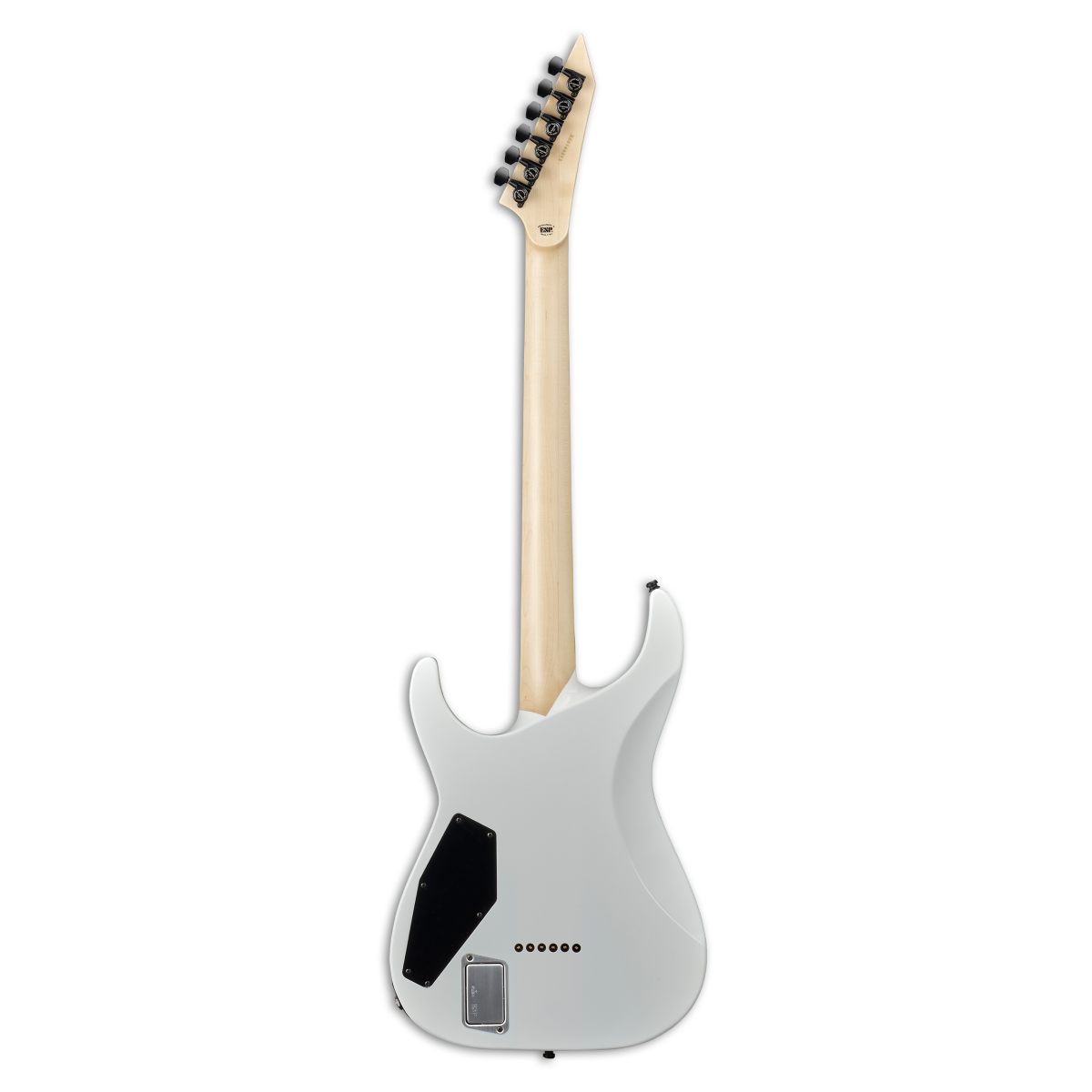 ESP E-II M-I neck-through electric guitar with Snow White finish and Fluence pickups, showcasing the sleek body and hardware details.