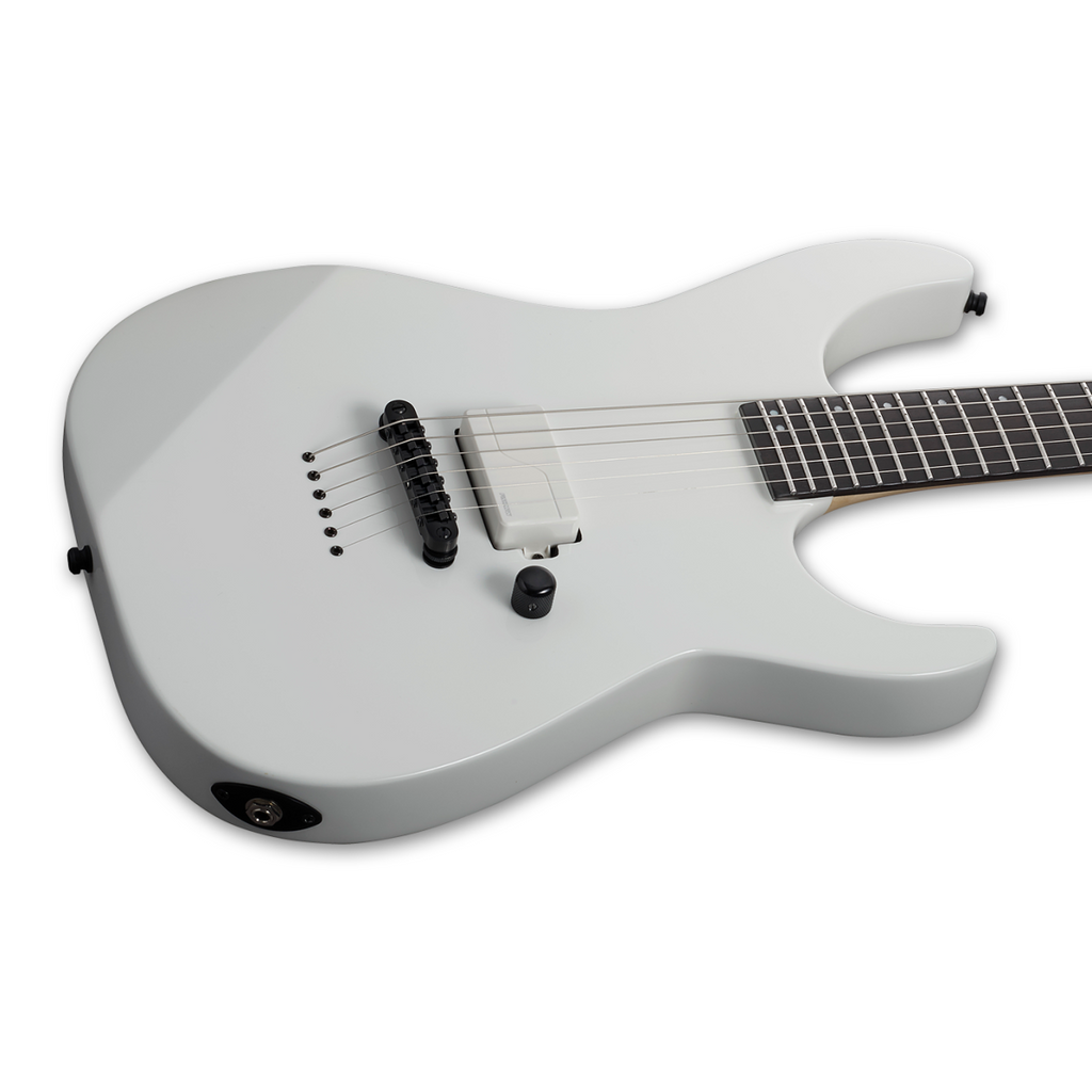 ESP E-II M-I neck-through electric guitar with Snow White finish and Fluence pickups, showcasing the sleek body and hardware details.