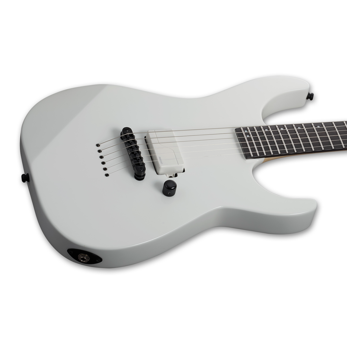 ESP E-II M-I neck-through electric guitar with Snow White finish and Fluence pickups, showcasing the sleek body and hardware details.