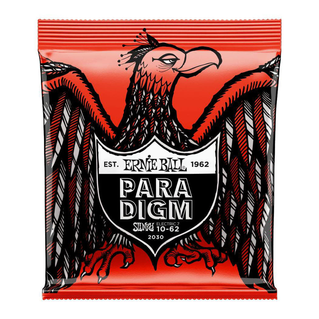 Ernie Ball Paradigm Slinky 7-string electric guitar strings in 10-62 gauge, shown on a guitar string package.
