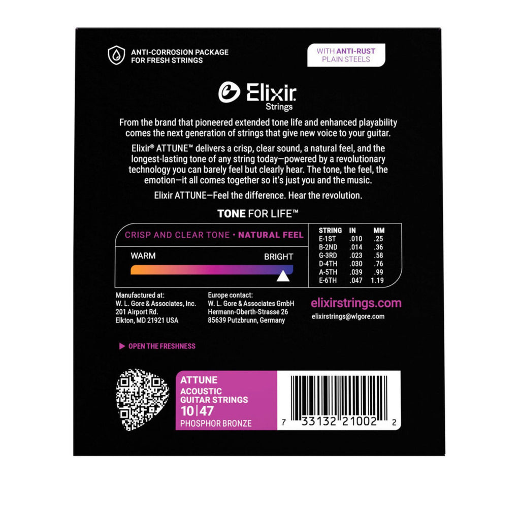 Elixir 21002 Attune Phosphor Bronze Acoustic Guitar Strings Extra Light 10-
