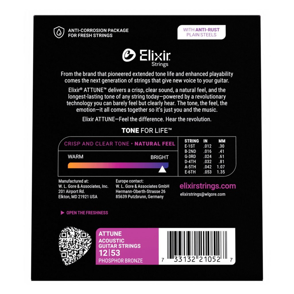 Elixir 21052 Attune Phosphor Bronze Acoustic Guitar Strings Light 12-53