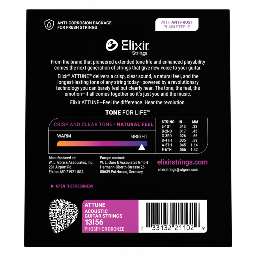 Elixir 21102 Attune Phosphor Bronze Acoustic Guitar Strings Medium 13-56